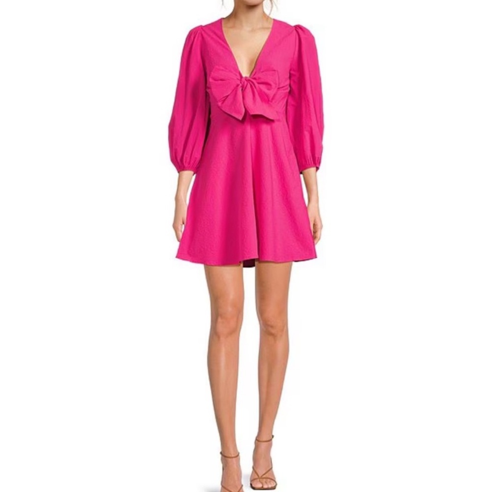 Ted Baker Mini Dress Joselyn Woven  Balloon Sleeve Center Front Bow Dress Size 8